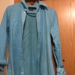 Long sleeve blue button down shirt